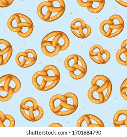 Vector seamless pattern with pretzels on a blue background.