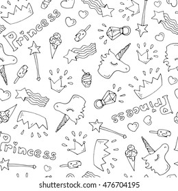 Vector seamless pattern Princes accessories: Crown, unicorn, magic wand, ice cream, diamond ring, star. The magical world of girls' dreams. Isolated on white background