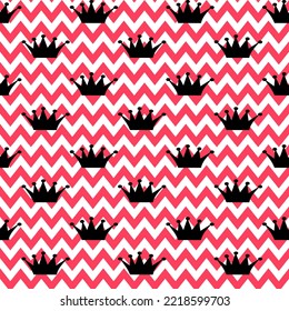 Vector seamless pattern. Princess black crown on zigzag white-red background. Holiday, wrapping, paper, gift, present, cloth, fabric, Christmas, baby, birthday, new year and Royal concept.
