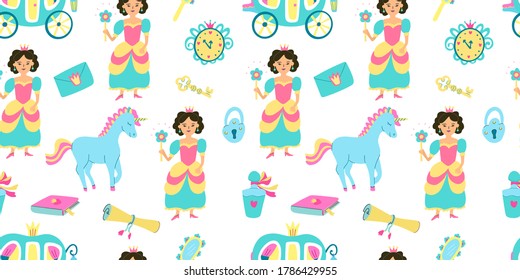 Vector seamless pattern with princess, carriage, unicorn. Perfume bottle, scroll, wall clock, fairytale book, hand mirror, key and padlock. Great for fabrics, wrapping paper, covers and kids design.