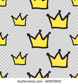 Vector seamless pattern with princess crown. Hand drawn cute and funny fashion illustration patches or stickers kit. Modern doodle pop art sketch badges and pins