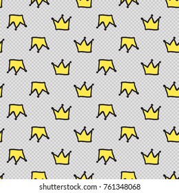 Vector seamless pattern with princess crown. Hand drawn cute and funny fashion illustration patches or stickers kit. Modern doodle pop art sketch badges and pins