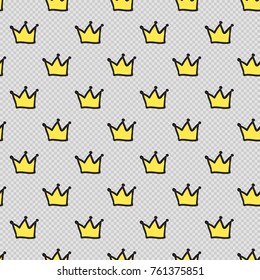 Vector seamless pattern with princess crown. Hand drawn cute and funny fashion illustration patches or stickers kit. Modern doodle pop art sketch badges and pins