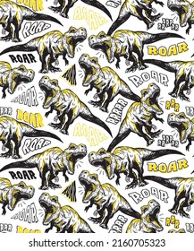Vector seamless pattern for print with black, white and yellow dinosaurs, dino roar, wild background