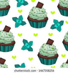 Vector seamless pattern, print with cupcakes,cakes,muffins. Chocolate and mint dessert illustration.