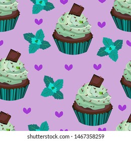 Vector seamless pattern, print with cupcakes,cakes,muffins. Chocolate and mint dessert illustration.