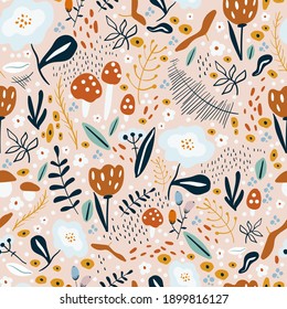 Vector seamless pattern. Print depicting stylized vegetation: flowers, mushrooms, petals, bushes, branches, grass. Hand-drawn flower meadow. Universal print for textiles, interiors. Children's textile