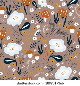 Vector seamless pattern. Print depicting stylized vegetation: flowers, mushrooms, petals, bushes, branches, grass. Hand-drawn flower meadow. Universal print for textiles, interiors. Children's textile