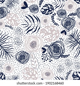 Vector seamless pattern. Print depicting stylized vegetation. Hand-drawn flower meadow. Universal print for textiles, interiors. 
