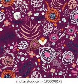 Vector seamless pattern. Print depicting stylized vegetation.Hand-drawn flower meadow. Universal print for textiles, interiors. 