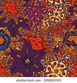 Vector. Seamless pattern Print. Design wrapping and gift paper, greeting cards, banner and posters design. Doodles purple, orange and black on colors. Fashionable fabric pattern.