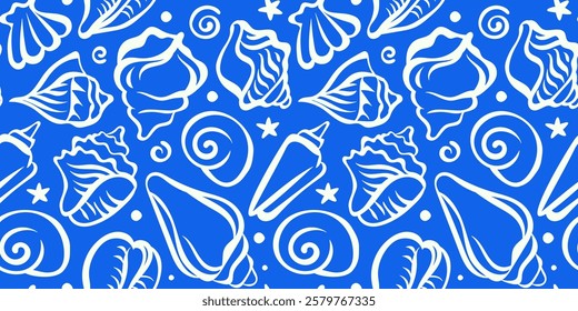 Vector seamless pattern and print design template, summer print, tropical hand drawn illustrations,  seashell ilustrations

