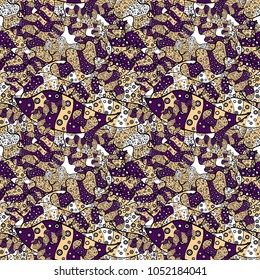Vector. Seamless pattern Print. Doodles beige, black and purple on colors. Fashionable fabric pattern. Design wrapping and gift paper, greeting cards, banner and posters design.