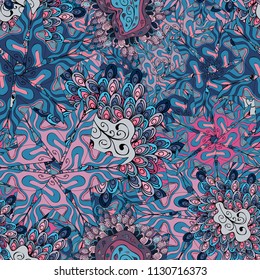 Vector. Seamless pattern Print. Doodles blue, pink and black on colors. Fashionable fabric pattern.