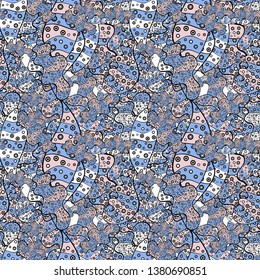 Vector. Seamless pattern Print. Doodles black, blue and neutral on colors. Fashionable fabric pattern.