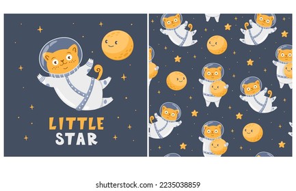 Vector seamless pattern and print for printing on clothing. Cute cat astronaut flying in space. Little star lettering. Cat astronaut flying in space, smiling moon, stars, space. Cute children's print.
