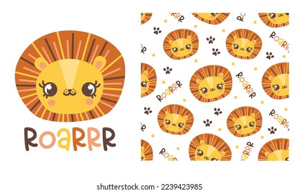 Vector seamless pattern and print for printing on clothing. Cute lion cub, Roar Lettering. Faces of a cute little lion cub, roar lettering, cat footprints. Cute animal faces on white background 