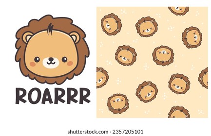 Vector seamless pattern and print for printing on clothing. Cute lion cub, Roar Lettering. Faces of a cute little lion cub, roar lettering, cat footprints. Cute animal faces on white background 