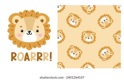 Vector seamless pattern and print for printing on clothing. Cute lion cub, Roar Lettering. Faces of a cute little lion cub, roar lettering, cat footprints. Cute animal faces on white background 