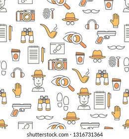 Vector seamless pattern with private investigator, camera, binoculars, gun, tobacco pipe, hat, glove, shoe prints, fingerprints etc. Thin line art flat style design detective background wallpaper.