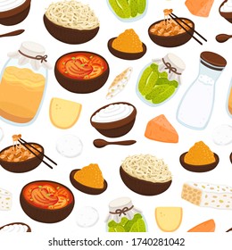 Vector seamless pattern with probiotic foods. Best sources of probiotics. Beneficial bacteria improve health. Background for label, header, brochure, menu, article about diet, healthy proper nutrition