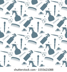 Vector seamless pattern with professional hairdresser tools. Barbershop. Beauty, hairdressing salon. Manicure. Glamour fashion vogue style. Design for textile, wrapping, print.