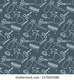Vector seamless pattern with professional hairdresser tools. Barbershop. Beauty, hairdressing salon. Manicure. Glamour fashion vogue style. Design for textile, wrapping, print.