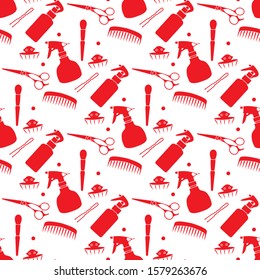Vector seamless pattern with professional hairdresser tools. Barbershop. Beauty, hairdressing salon. Manicure. Glamour fashion vogue style. Design for textile, wrapping, print.