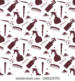 Vector seamless pattern with professional hairdresser tools. Barbershop. Beauty, hairdressing salon. Manicure. Glamour fashion vogue style. Design for textile, wrapping, print.