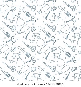 Vector seamless pattern Professional hairdresser tools Barbershop. Beauty, hairdressing salon. Manicure. Scissors, comb, sprayer, hairclip Glamour fashion vogue style Design for poster, banner, print