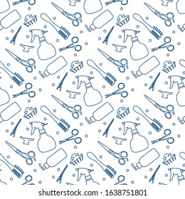 Vector seamless pattern Professional hairdresser tools Barbershop. Beauty, hairdressing salon. Manicure. Scissors, comb, sprayer, hairclip Glamour fashion vogue style Design for poster, banner, print