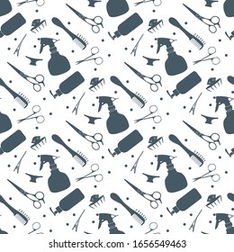 Vector seamless pattern Professional hairdresser tools Barbershop. Beauty, hairdressing salon. Manicure. Scissors, comb, sprayer, hairclip Glamour fashion vogue style Design for poster, banner, print