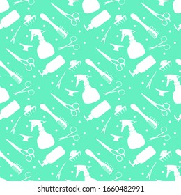 Vector seamless pattern Professional hairdresser tools Barbershop. Beauty, hairdressing salon. Manicure. Scissors, comb, sprayer, hairclip Glamour fashion vogue style Design for poster, banner, print