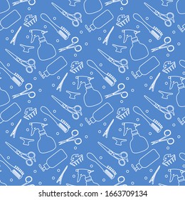 Vector seamless pattern Professional hairdresser tools Barbershop. Beauty, hairdressing salon. Manicure. Scissors, comb, sprayer, hairclip Glamour fashion vogue style Design for poster, banner, print