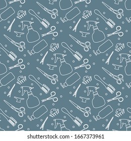 Vector seamless pattern Professional hairdresser tools Barbershop. Beauty, hairdressing salon. Manicure. Scissors, comb, sprayer, hairclip Glamour fashion vogue style Design for poster, banner, print