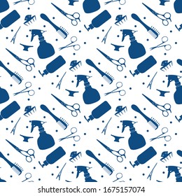 Vector seamless pattern Professional hairdresser tools Barbershop. Beauty, hairdressing salon. Manicure. Scissors, comb, sprayer, hairclip Glamour fashion vogue style Design for poster, banner, print