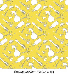 Vector seamless pattern Professional hairdresser tools Barbershop. Beauty, hairdressing salon. Manicure. Scissors, comb, sprayer, hairclip Glamour fashion vogue style Illuminating and Ultimate Gray