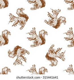 vector seamless pattern with  profile squirrel eating nuts