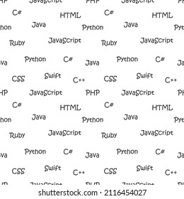 Vector seamless pattern with programming languages. Names of machine languages. Black and white.