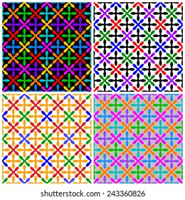 Vector seamless pattern of propeller shapes. Set of four color variations are provided with sample fills of each. Each pattern in this set is composed of 5 to 9 different colors. 