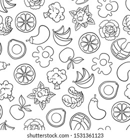 Vector seamless pattern with proper nutrition on white background. Pattern wirh cartoon fruits and vegetables