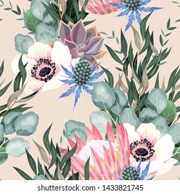 Vector seamless pattern with protea and greenery