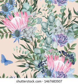 Vector seamless pattern with protea and greenery