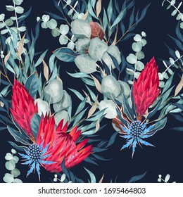 Vector seamless pattern with protea and greenery
