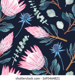 Vector seamless pattern with protea and greenery