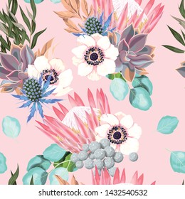 Vector seamless pattern with protea and roses