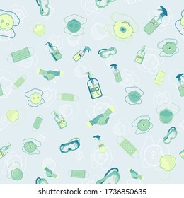 Vector seamless pattern with Protective of viruses and bacteria. Medical professional mask, safety glasses, sanitizer and gloves. Drawing for web site, logo, app, UI