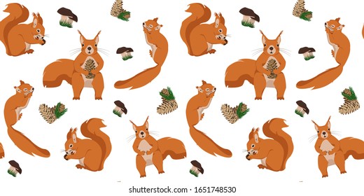 Vector seamless pattern with proteins and cones. Illustration with a set of squirrels