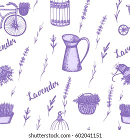 Vector seamless pattern in provence style. Hand drawn lavender seamless pattern. Use for backgrounds, wrapping paper, wallpaper, print for greeting card, invitations, wedding.
