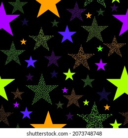Vector seamless pattern of psychedelic colorful stars on black background. Trendy vector print.